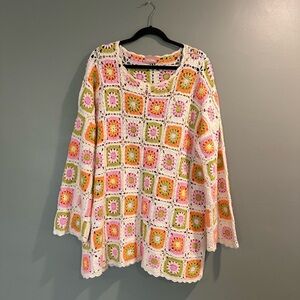 Show Me Your MuMu Crocheted Square-Block Sweater in Cream, Pink & Orange & Green